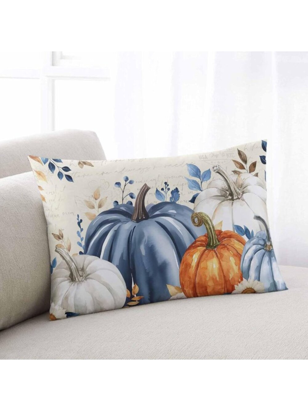 Fall Blue Pumpkin Pillow Covers | Rustic Thanksgiving Decorative Cushion 16"x24